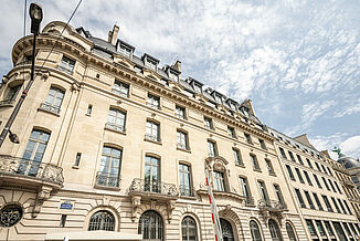 Exterior view of a building complex in the centre of Paris on Boulevard Haussmann.